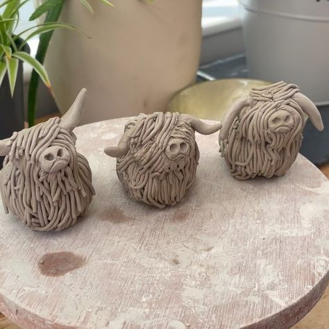 Lizzie Rich | Made these three little #coos with some leftover clay.. trying new things with their coats! Hope you like them ❤️ #wonkypottery... | Instagram Air Dry Clay Highland Cow, Animal Clay Projects, Ceramic Art Animals, Ceramic Highland Cow, Animal Ceramics Ideas, Air Dry Clay Cow, Pottery Animals Handbuilt, Ceramic Ideas Projects, Clay Animals Sculpture