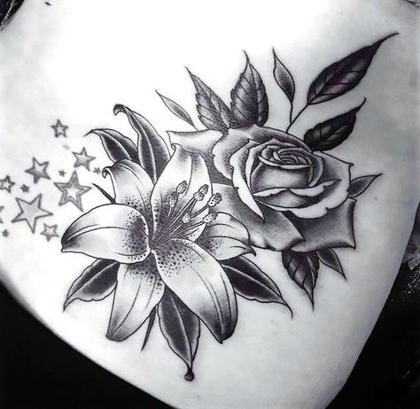 Wonderful black and gray orchid and rose for women. Stargazer Lily Tattoo, White Flower Tattoos, Wildflowers Tattoo, Lillies Tattoo, Lily Tattoo Design, Lily Flower Tattoos, Orchid Tattoo, Buddha Tattoos, Tattoos For Women Flowers