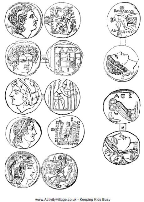 Free printable coins from Ancient Greece to color and cut-out, then glue so that they're two-sided Coins Printable, Greek Olympics, Greece Theme, Greek Crafts, Olive Wreath, World Thinking Day, History Curriculum, Ancient Greek Coin, Ancient Greek Art