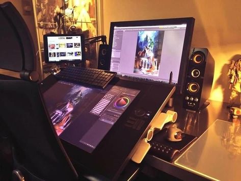 Cintiq Setup, Digital Art Workspace, Art Workspace, Artist Workspace, Setup Inspiration, Art Studio Room, Art Studio Design, Video Game Rooms, Apartment Goals