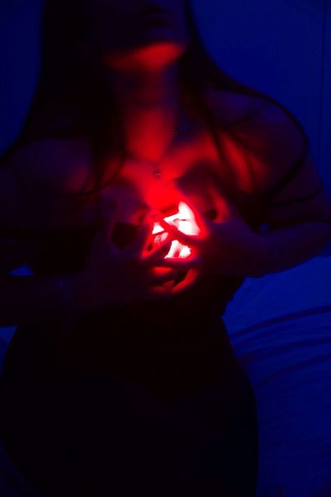 Glowing Heart Photography, Red And Blue Portrait Photography, Emotion Through Photography, Dark Red Blue Aesthetic, Heart Photoshoot Ideas, Emotion Photoshoot Portrait Photography, Wrath Photoshoot, Emotional Self Portrait, Emotional Portrait Photography