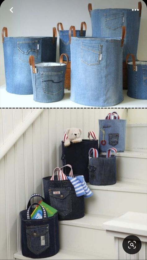 Återvinna Jeans, Diy Old Jeans, Make A Basket, Denim Bag Diy, Denim Crafts Diy, Blue Jeans Crafts, Jean Crafts, Easter Decorations Dollar Store, Denim Ideas