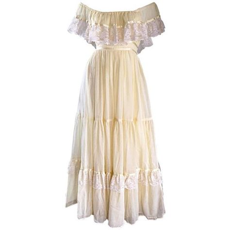 Preowned 1970s Vintage Yellow Cotton Voile + Lace Off - Shoulder... ($895) ❤ liked on Polyvore featuring dresses, yellow, sleeved maxi dress, vintage lace dress, yellow lace dress, lace sleeve dress and off the shoulder dress Off Shoulder Lace Dress, Vintage Pink Dress, Empire Maxi Dress, Dresses Yellow, Yellow Lace Dresses, 70s Maxi Dress, Yellow Maxi Dress, Yellow Maxi, Off Shoulder Dresses