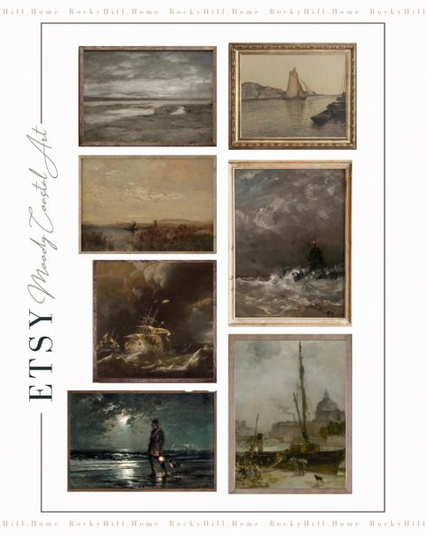 Moody coastal vintage art prints, ocean art Masculine Coastal, Black Coastal, Dark Coastal Decor, Moody Coastal Aesthetic, Moody Coastal Bedroom, Moody Coastal, Moody Coastal Decor, Masculine Home Decor, Masculine Wall Art