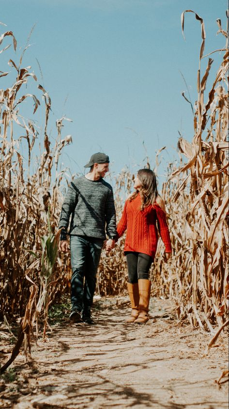 One of my absolute favorite sessions ever in a corn maze! We had so much fun we got lost! But the pictures came out amazing! #fallsessions #fall #cornmazesession #fallphotoshoot #photography #photooftheday  #engagementphotos #engaged #couples #fallengagement Cute Fall Pictures, Pumpkin Patch Photography, Fall Date Ideas, Fall Couple Pictures, Pumpkin Patch Photoshoot, Fall Couple Photos, Pumpkin Patch Pictures, Fall Photo Shoot Outfits, Engagement Pictures Poses