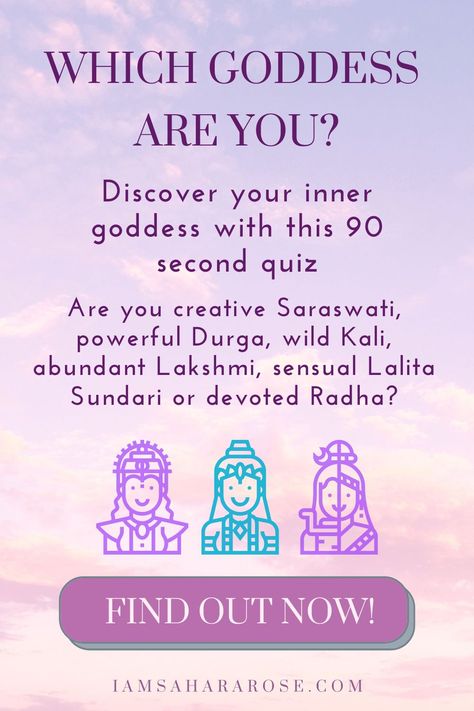 Which Goddess are you? Discover your inner goddess with this 90-second goddess quiz! Are You Creative Saraswati, Powerful Durga, Wild Kali, Abundant Lakshmi, Sensual Lalita Sundari Or Devoted Radha? Click the image to find out now! Goddess Durga Images, Lalita Devi Goddesses, Goddess Lakshmi Quotes, Saraswati Goddess Quotes, Shakti Goddess Sacred Feminine, Kali Goddess Divine Feminine, Durga Quotes, Lakshmi Devi Images, Krishna Kali