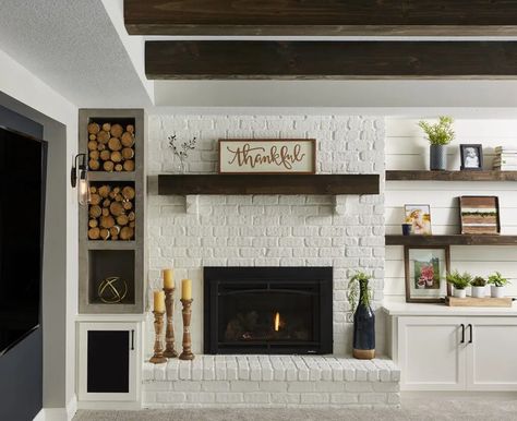 13 Fireplace Accent Wall Ideas for Your Home | Carla Bast Design Blue Bar Cabinets, 90s Basement, Fireplace With Log Storage, Brick Wall Accent, Family Room With Tv, Kid Forts, Fireplace Accent Wall Ideas, Navy Blue Bar, Off Center Fireplace