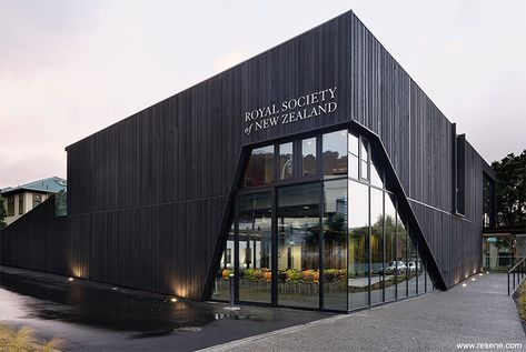 Royal Society of New Zealand Redevelopment - Resene Total Colour Awards 2013 Black Building Exterior, Factory Facade Design, Black Buildings, Warehouse Facade, Black Warehouse, Warehouse Architecture, Glass Entrance, Industrial Facade, Office Exterior