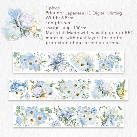 Our Serene Wide Washi/PET Tape is a must-have for all floral lovers. Adorned with delicate blue pastel flowers, this set will add a touch of serenity and beauty to your artistic endeavors. Each roll of washi tape in this set showcases a unique floral design featuring graceful blossoms in calming shades of blue. The soft pastel hues evoke a sense of tranquility and lend an air of sophistication to your projects. Whether you're decorating scrapbooks, journal pages, planners, or creating personaliz Bullet Art, Design Loop, Unique Floral Design, Personalized Cards, Vintage Printable, Blue Pastel, Pastel Flowers, Pastel Hues, Art Journaling