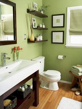 Apartment Color Schemes, Brown Bathroom Decor, Wall Vanity, Bathroom Color Schemes, Bathroom Paint Colors, Brown Bathroom, Green Walls, Bathroom Color, Apartment Bathroom