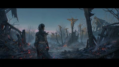 ArtStation - Burned Village, Jeremy Fenske Burned Village, Burning Village, Fantasy Story, Fantasy Setting, Fantasy Places, High Fantasy, Environment Concept Art, Medieval Fantasy, Fantasy Artwork