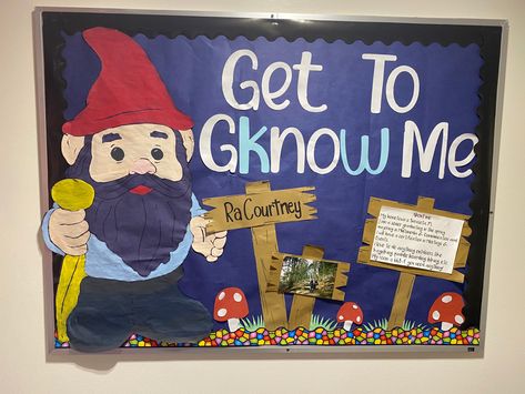 Gnome Crafts For Kindergarten, Gnome Birthday Bulletin Board, Gnome Classroom, Gnome Bulletin Board, Gnome Classroom Theme, Gnome Bulletin Board Ideas, Res Life Bulletin Boards, Ra Themes, Bulletin Boards Theme