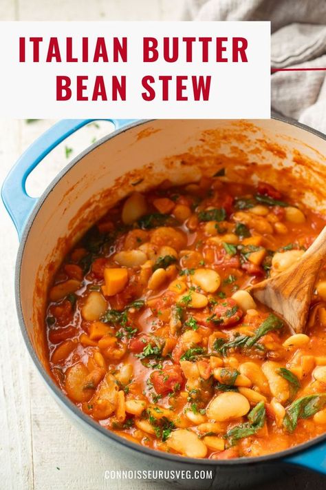 This butter bean stew is made with creamy butter beans and spinach in rich Italian-spiced tomato sauce. It's comforting, easy to make, and perfect for everything from special dinners to busy weeknights. 100% vegan and gluten-free! Butter Bean Stew, Italian Butter, Butter Beans Recipe, Vegan Italian Recipes, Healthy Vegan Dinner Recipes, Healthy Vegan Dinner, Vegan Dinner Recipes Easy, Vegan Stew, Vegan Italian