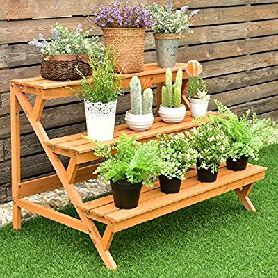 AmazonSmile : Giantex 3-Tier Plant Stand Flower Pot Holder Display Rack Stand with Step Design, Yellow : Garden & Outdoor Pallet Garden Benches, Ladder Plant Stand, Plant Ladder, Corner Plant, Wood Steps, Tiered Garden, Wooden Plant Stands, Wood Plant Stand, Flower Pot Holder