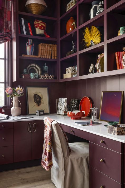 office bethea designed the office to have plenty of workspace, with a wraparound desk for two an abundance of closed storage houses all the practical but less pretty components of office work, while open shelving above shows off a rich collection of objets and books chair lee industries art james derit, minted Ashley Gilbreath Interiors, Relaxing Paint Colors, Calming Paint Colors, Kitchen Suite, Off White Paints, Storage House, House Beautiful, Closet Design, Room Lights