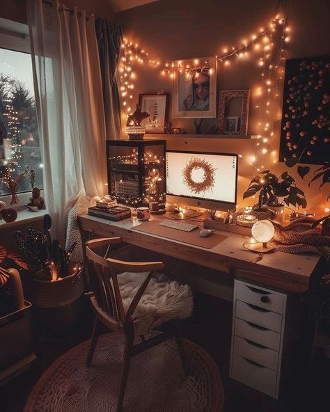 Dreamy Gaming Setup, Computer Desk Ideas Bedroom, Cozy Computer Desk, Pc Setup Aesthetic Dark, Cozy Desktop Wallpaper, Cozy Study Room, Pinterest Bedroom, Office Cozy, Popular Home Decor