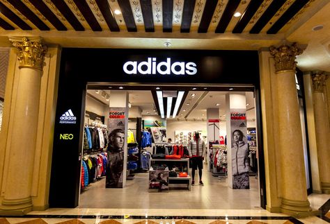 The Adidas store at the Venetian Resort Hotel Casino in Macau, China. Adidas Store Design, Sports Shop Interior Design, Clothing Store Displays, Adidas Store, Superstar Shoes, Clothing Store Design, Adidas Boost, Building Art, Store Design Interior