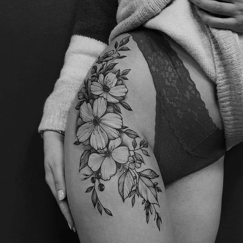 Thigh Pieces Tattoo, Cherry Blossom Tree Tattoo On Leg, Orchid Tattoo Leg, Cherry Blossom Hip Tattoos Women, Large Vine Tattoo, Flower Vine Tattoo Thigh, Cherry Blossom Tattoo Hip Thigh, Large Cherry Blossom Tattoo, Flower Vine Leg Tattoo