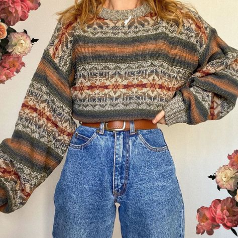 Half Cardigan, Mode Hippie, Knitted Clothes, Vintage Jumper, Ținută Casual, Ethnic Print, Mode Inspo, Knit Outfit, Retro Outfits