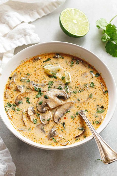 Thai Coconut Mushrooms Soup - #thai #coconut #soup #recipe #eatwell101 - This creamy Thai coconut soup is what you crave when it's chilly outside and yet want a light, comforting dinner option. This healthy Thai soup recipe is vegetarian and gluten-free! - #recipe by #eatwell101® Coconut Veggie Soup, Creamy Healthy Soup, Thai Mushroom Soup, Coconut Mushroom Soup, Vegetarian Soups And Stews, Seaweed Soup Recipe, Thai Soup Recipes Coconut, Thai Soups, Mushrooms Soup