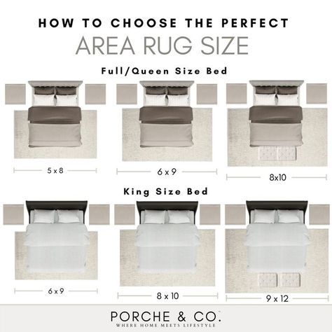 In the blog, the interior designers at Porche & Co. area sharing tips for area rug sizes for your bedroom. Head to the blog for our best ideas for selecting area rugs and get our rug size guide. King Bed Rug, Rug Size For King Bed, Area Rug Size Guide, Rugs Layout, Bedroom Rug Placement, Area Rug Placement, Bedroom Rug Size, Rug Placement, Area Rug Size