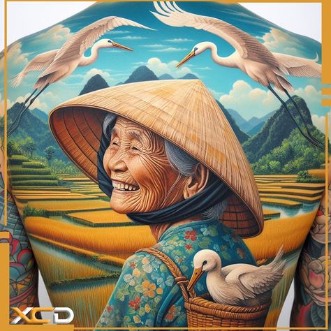 Full back tattoo depicting an old Vietnamese woman wearing a conical hat, holding a basket with rice in her hands and white cranes flying around her head; landscape background showing terraced fields and mountains, colorful, vibrant, hyper realistic and hyper detailed in the style of a high resolution image. #tattoodesign #tattooideas #tattooartist #portraittattoo #realistictattoo #tattooart #tattoo #tattoolove #hinhxamdep Vietnamese Design, Full Back Tattoo, Conical Hat, Crane Fly, White Crane, Full Back Tattoos, Beautiful Tattoo, Landscape Background, Beautiful Tattoos