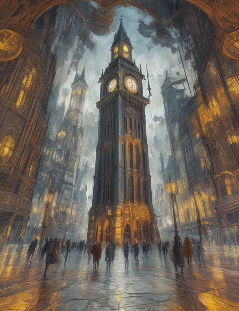 DreamShaper v7 high quality 8K Ultra HD Antique clock tower an 1 Clock Tower Concept Art, Gothic Clock Tower, Clock Tower Illustration, London Concept Art, Clock Tower Aesthetic, Steampunk Clock Tower, Clock Tower Painting, Steampunk Building, 8k Ultra Hd