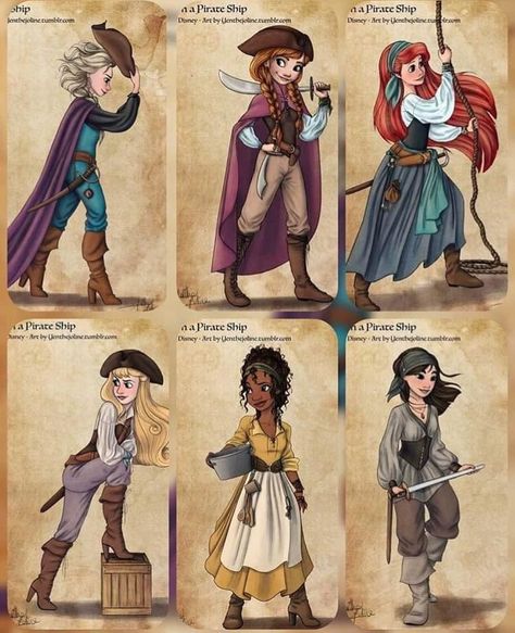 Disney Princess Steampunk, Disney Princess Pirate Cosplay, Pirate Princess Character Design, Disney Princesses As Warriors, Modern Cartoon Characters, Dnd Disney Princess, Historical Disney Princess, Pirate Princess Dress, Pirate X Princess