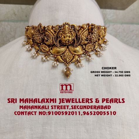 Nakas Gold Necklace, Light Weight Gold Choker Necklace Designs, Nakshi Jewellery Choker, 2 In 1 Choker And Vanki, Necklace With Weight Gold, Antique Nakshi Jewellery, Antique Pearl Choker, Light Weight Nakshi Necklace Gold, Light Weight Chokers In Gold