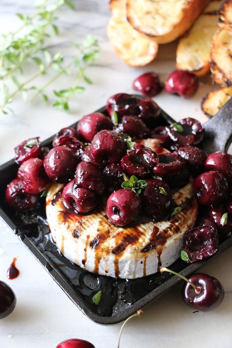 Balsamic Roasted Cherries on Grilled Brie - Lepp Farm Market Mustard Pickle Recipe, Roasted Cherries, Grilled Brie, Balsamic Cherries, Brie Recipes, Cast Iron Frying Pan, Roasted Cherry, Cherry Recipes, Farm Market