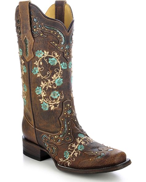 Corral Womens Studded Floral Embroidery Cowgirl Boots - Square Toe, Brown Western Leather Embellished Boots, Western Style Embellished Leather Boots, Western Embellished Snip Toe Boots, Embellished Brown Round Toe Boots, Brown Embellished Round Toe Boots, Embellished Brown Leather Boots, Brown Leather Embellished Boots, Cowgirl Boots Square Toe, Mode Country