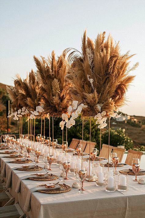 Boho Gatsby Wedding, Outside Wedding Ideas Receptions, Elegant Decorating Ideas Party Events, Boho Wedding Idea, Tan Wedding Decor, Graduation Blowout, Wedding Ideas 2025, Boho Wedding Place Settings, African Theme Wedding