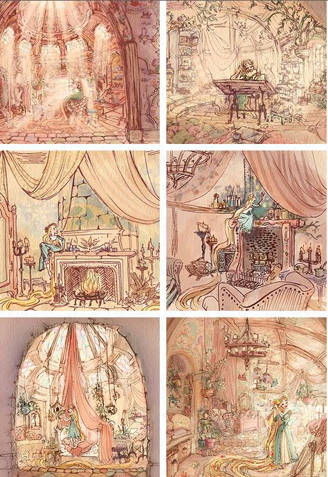 The Art Of Tangled, Disney Princess Concept Art, Rapunzel Artwork, Princess Aesthetic Art, Set Design Concept Art, Rapunzel Concept Art, Tangled Artwork, Princess Concept Art, Tangled Room