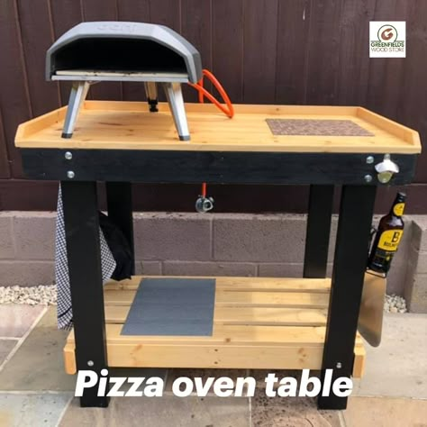 This customer has "pimped" our sturdy wooden 3.6ft Endurance workbench with bespoke lip, painted and treated it so it is perfect for alfresco cooking and preparation. Many sizes to choose from with one or two shelves, castor wheels and option to change the height of the table. Contact us for details. Gozney Pizza Oven Table, Roccbox Table, Wooden Bbq Station, Ooni Table Ideas, Roccbox Pizza Oven Table, Pizza Stand Ideas, Ooni Stand, Ooni Pizza Oven Table, Ooni Pizza Oven Table Diy