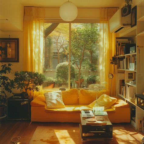 Get inspired by this cozy 1960s Tokyo living room in a small modernist house. Bathed in warm yellow tones, with natural light and lush greenery, it's the perfect blend of vintage charm and minimalist style #1960shouse #CozyLivingRoom #VintageVibes #tokyoarchitecture #suburbia #yellowinterior #architecturephotography #yellowaesthetic 1960s Room Aesthetic, Yellow Office Aesthetic, Warm Vintage Living Room, Yellow Interior Design Living Room, Golden Hour Interior Design, Yellow House Aesthetic Interior, Golden Hour Apartment Aesthetic, Yellow House Interior, Yellow Wall Design