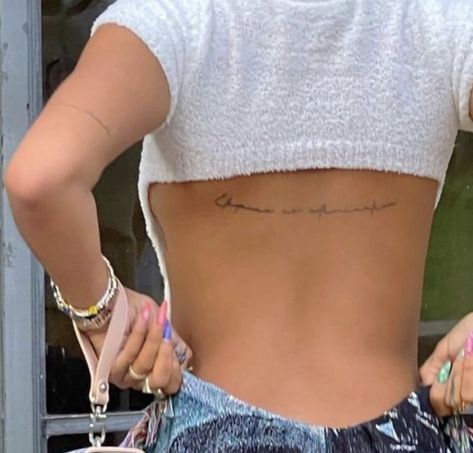 Back Tattoo Women Horizontal, Horizontal Back Tattoo Women, Horizontal Back Tattoo, Back Script Tattoo, Dainty Back Tattoos For Women, Small Back Tattoos, Bum Tattoo, Script Tattoo, Soul Tattoo