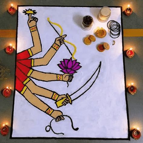 Character Rangoli, Dussehra Rangoli Designs Unique, Agiyaras Rangoli, Dashera Festival Rangoli, Navratri Rangoli Designs Latest, Navratri Rangoli Ideas, Dasra Rangoli Designs Latest, Rangoli Designs Diwali Latest Images, Navaratri Rangoli Designs