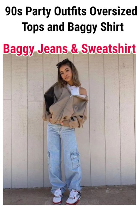 90s Party Outfits Oversized Tops and Baggy Shirt 90s Baggy Jeans Outfit, 90s Party Outfits, 90s Party Theme, Jeans And Crop Top Outfit, Decades Outfits, 90s Outfit Party Hip Hop, Baggy Jeans 90s, 90s Outfits Party, Jeans Pants Outfit