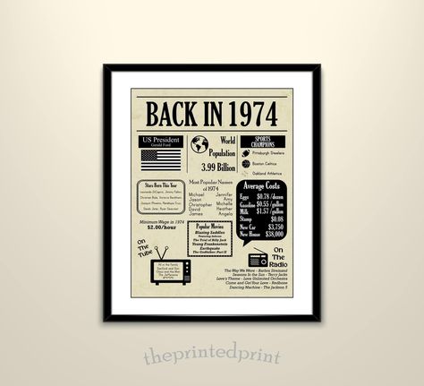 "This Back in 1974 Newspaper Poster Printable is the perfect gift for someone born in '74! Full of facts and trivia from that year, it is the perfect gift for someone who has everything already! And, since it is completely digital and can be downloadable immediately upon purchase, it is the perfect \"last minute\" gift! Upon purchase, you will receive the following on an aged newspaper background: (1) 5x7 JPG Image (1) 8x10 JPG Image (1) 11x14 JPG Image (1) 16x20 JPG Image This is a DIGITAL FILE 35 Birthday Decorations, 65 Birthday Decorations, 90th Birthday Decorations, 68 Birthday, Newspaper Background, 1960s Decor, Newspaper Poster, 50th Birthday Decorations, Diy Printing