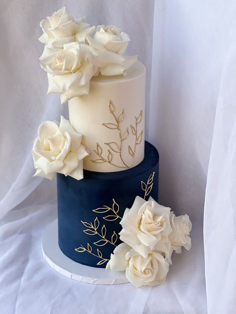 Posted by Kyle J Howard. Said it was made by his wife, Vy. 25th Cake, Navy Wedding Cake, Wedding Cake Navy, Wedding Theme Color Schemes, Black And White Wedding Cake, Dark Blue Wedding, S Cake, White Bridal Shower, Green Themed Wedding