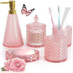 Pink Bathroom Accessories Set, 5 Pcs Premium Glass Bathroom Accessory Set with Vanity Organizer, Lotion Dispenser, Soap Dish, Tumbler, Cotton Swab Jars Pink Bathroom Accessories, Bathroom Theme, Cotton Ball Holder, Glass Bathroom Accessories, Cottagecore Kitchen, Vanity Organizer, Pink Bathroom Decor, Bathroom Tumbler, Bathroom Accessories Set