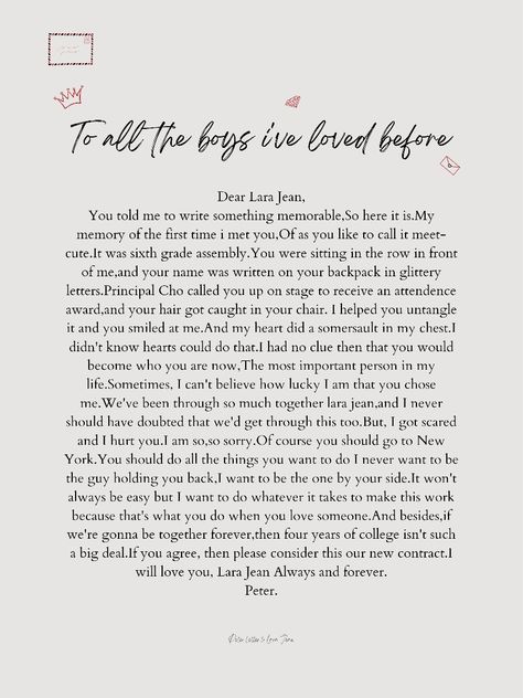 Lara Jean Love Letters, Peter And Lara Jean Aesthetic, Lara Jean Letters, Goodbye Quotes For Friends, Love Letters Quotes, Peter Kavinsky, Cute Crush Quotes, Goodbye Quotes, Romantic Movie Quotes