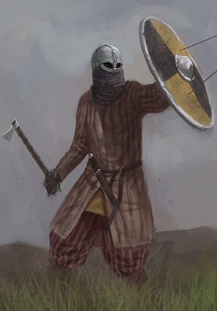 Artists impression of a viking warrior. It is quite realistic, as he wears a gambeson, rather than chainmail, which only few people could afford. The axe with the small head, for close combat, or throwing, is also spot on, as way too often artist tend to draw ridiculously huge weapons! http://www.deviantart.com/art/Medieval-warriors-265764026 Viking Warrior Historical, Viking Gambeson, Viking Chainmail, Viking Warrior Art, Slavic Warrior, Medieval Warriors, Art Medieval, Art Viking, Viking Character