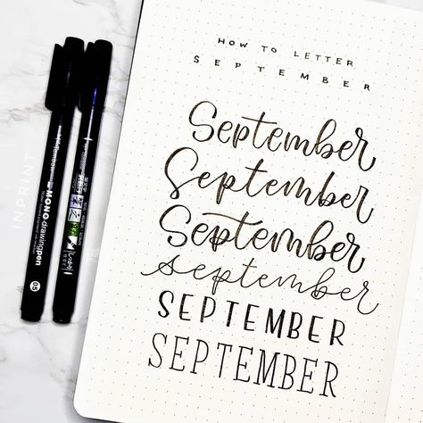 How To Write September In Calligraphy, Bujo Monthly Cover September, Month Hand Lettering, September Hand Lettering, September Font Hand Lettering, September Planner Ideas, September Header, September Bujo Theme, September Journal Ideas