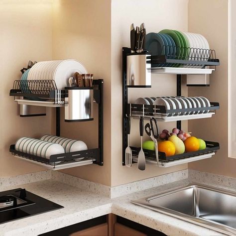 304 Stainless Steel Kitchen Dish Rack Plate Cutlery Cup Dish Drainer Drying Rack Wall Mount Kitchen Organizer Storage Holder|Storage Holders & Racks| - AliExpress Hiasan Dalaman Dapur, Dapur Moden, Kitchen Storage Organization Diy, Organiser Cucina, Steel Storage Rack, Kitchen Storage Space, Kabinet Dapur, Kitchen Organization Diy, Diy Kitchen Storage