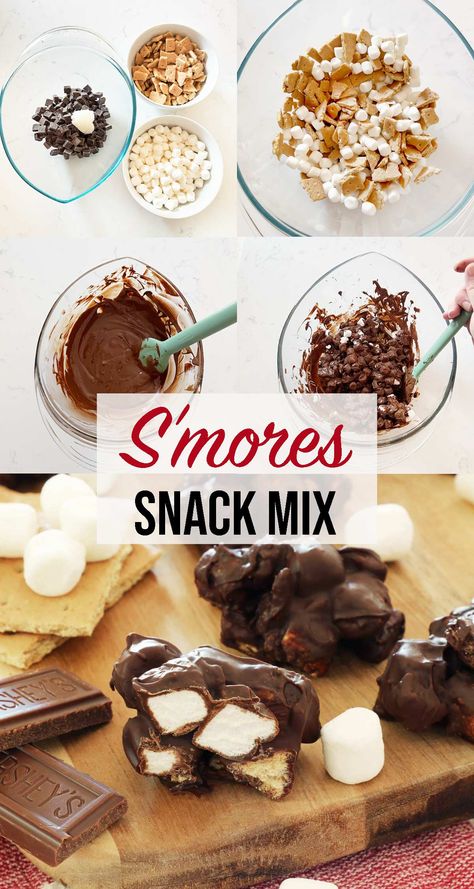 This no bake S'mores snack mix recipe makes the most delicious S'mores clusters. These S'mores bites are only 4 ingredients and only takes minutes to make. Make Fannie May S'mores snack mix at home! Smore Bites Recipe, Smores Snacks, Smores Bites, Snack Mix Recipe, Smore Recipes, Chocolate Peanut Butter Fudge, Snack Mix Recipes, Snacks To Make, Semi Sweet Chocolate Chips