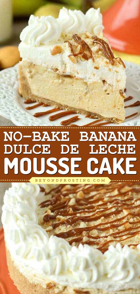 Turn to this summer dessert recipe for a banana dulce de leche mousse cake! Layered with dulce de leche mousse, bananas, and banana pudding mousse, this no-bake sweet is delicious. Try this easy spring treat today! Banana Mousse Cake, Banana Mousse Recipe, Banana Mousse, Pudding Mousse, Banana Desserts, Instant Banana Pudding, No Bake Banana Pudding, Mousse Cake Recipe, Banana Pie