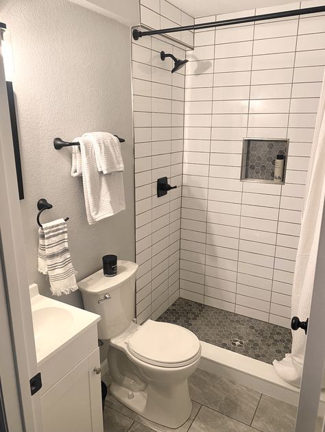 We recently finished our basement and decided to put in a full bathroom. Check out for basement bathroom inspriation Small Basement Washroom Ideas, Small Basement Full Bathroom Ideas, Basement Ideas Bathroom, Small Basement Bathroom Layout, Basement Remodel 2 Bedrooms, Finished Basement Living Room Ideas, Bathroom Ideas For Basement, Basement Bathroom Makeover, 700 Sq Ft Basement Ideas