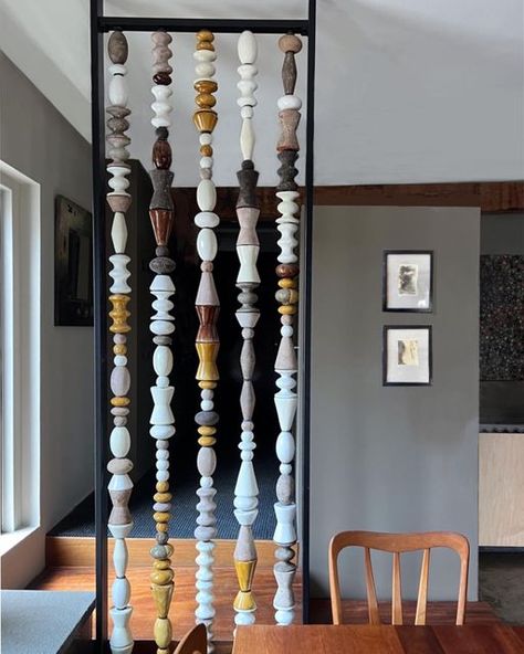 Christopher Russell on Instagram: "My Abacus Screen. A variety of ceramic elements strung on steel rods, presented in a powder coated steel frame. Available by commission, the piece is very flexible in its design and dimensions. 👉 My father was an architect. When he designed our house, he put a screen between the dining area and the living room. Remembering it, I understand how it completely transformed that space, opening it up to light, air and movement. I want the Abacus Screen to do that.👈 Christopher Russell, Everson Museum, Partition Screen, Latest Living Room Designs, Mirror Design Wall, Living Room Partition, Syracuse Ny, Room Partition Designs, Partition Design