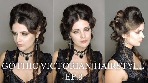 Gothic Formal Hairstyles, How To Do Victorian Hairstyles, Victorian Updo Tutorial, Victorian Steampunk Hairstyles, Vampire Hair Updo, Victorian Half Up Hair, Elegant Gothic Hairstyles, Old West Hairstyles Women, Victorian Hairstyles Half Up